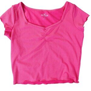 Hollister Womens Ribbed Top Medium Pink Short Sleeve‎ Ruched Casual Y2K Vibe